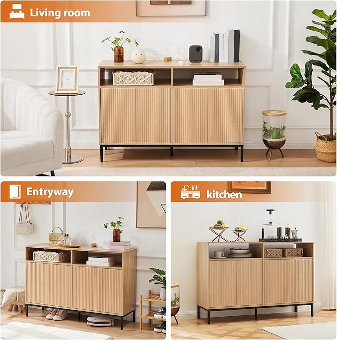 Farmhouse Buffet Sideboard Cabinet with Storage, Fluted Natural Coffee Bar Station Table with Doors and Adjustable Shelves, Modern Wood Cupboard for Kitchen