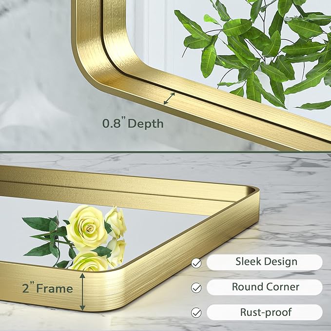 TokeShimi Bathroom Mirror for Wall 24 x 30 Inch Gold Brushed Brass Metal Rounded Corner Rectangle Mirror Wall Mirror in Metal Frame