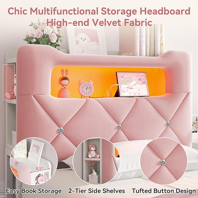 Twin Upholstered LED Bed Frame with 2 Storage Drawers and 2-Tier Storage Bookcase Headboard, Velvet Princess Platform Bed for Kids/Girls/Boys, Corner Bed Frame, Heavy Duty Metal Support, Pink