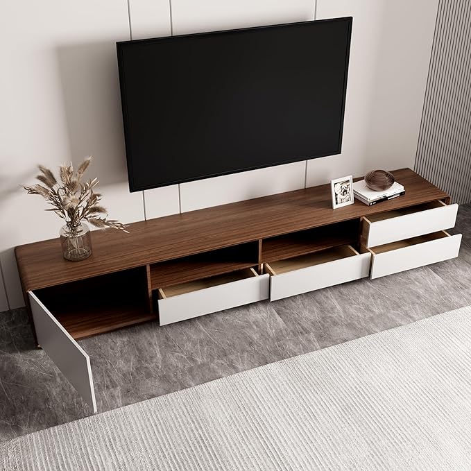 POVISON Modern Wood White TV Stand 78", Fully-Assembled Open Storage Cabinet, Lowline Media Console with 4 Drawers, Walnut Veneer (TV Stand Only)