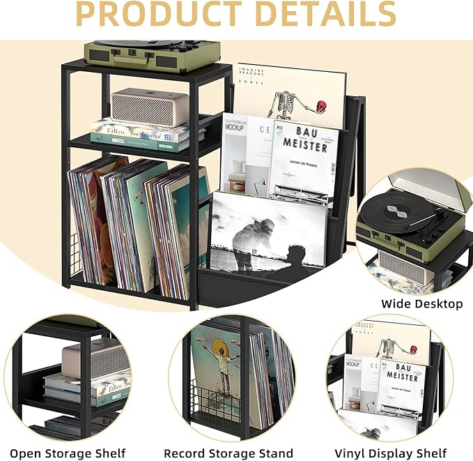 LELELINKY Black End Table,Record Player Stand with Vinyl Storage,3 Tier Side Table with Display Shelf Storage Up to 150 Albums,Industrial Large Record Holder Cabinet for Living Room