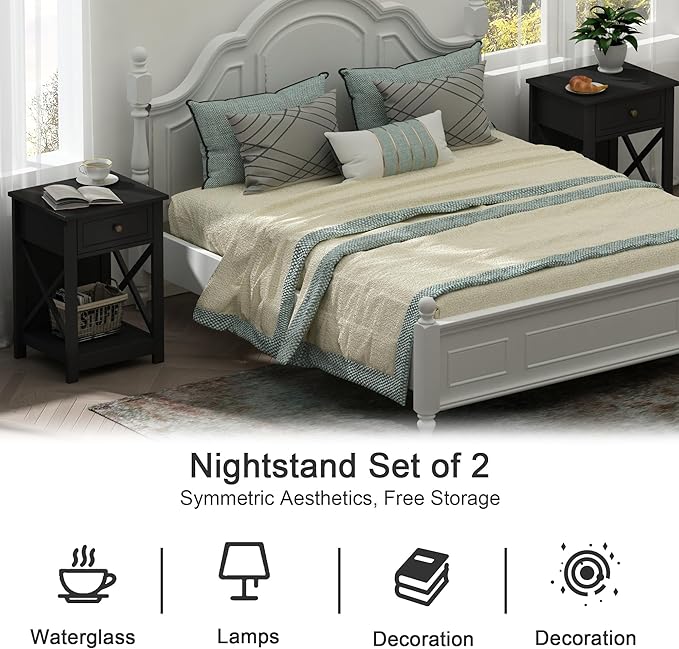 Treocho Black End Table Set of 2, Modern X-Design Night Stand,Bedside End Table with Open Storage for Small Place,Bedroom