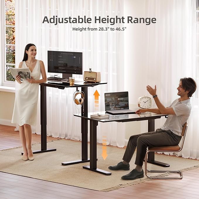 INNOVAR Glass Standing Desk with Drawers, 48×24 Inch Adjustable Stand Up Desk, Quick Install Home Office Computer Desk, Black