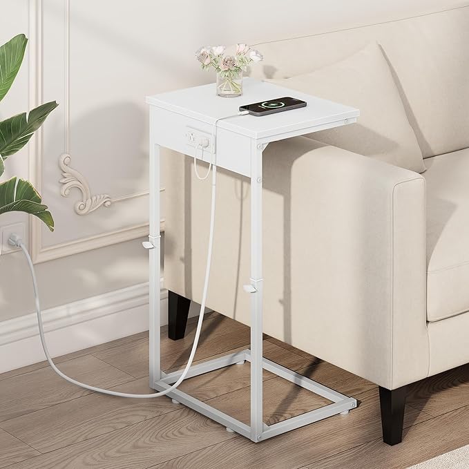 Vagusicc C Shaped End Table with Charging Station, Adjustable Height Side Table for Couch, Small End Table Small Spaces, 33.2'' Tall Couch Tables that Slide Under, Tv Tray Table for Living Room, White