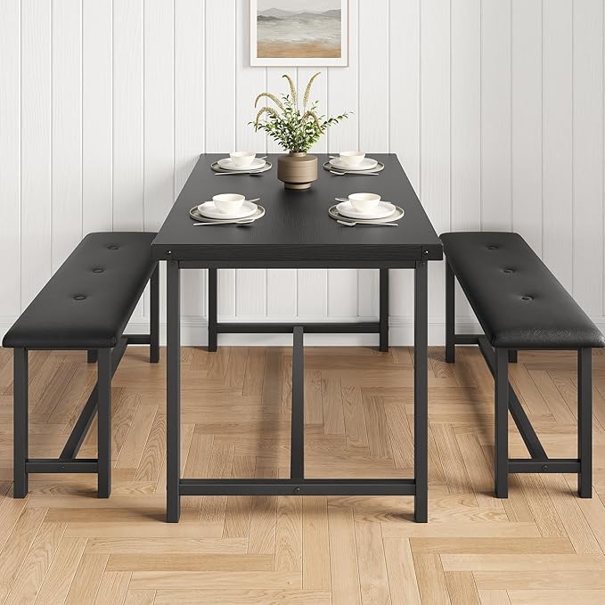 Garvee Dining Table with 2 Benches, Kitchen Table with 2 Upholstered Benches Rectangular Space Saving for Apartment, Dining Room, Kitchen, 44.5 Inches Large, Black