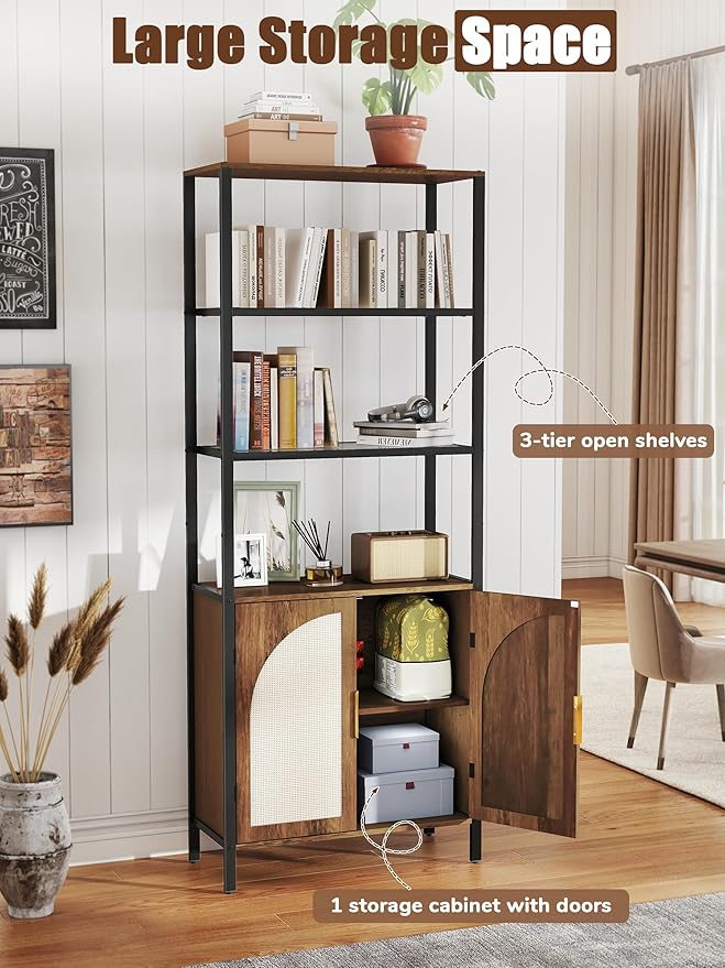 5 Tier Rattan Bookcase with Light 71" Tall Boho Bookshelf with Doors Large Bookcase with Adjustable Shelf Farmhouse Storage Cabinet Bookshelves for Living Room Bedroom Home Office Kitchen