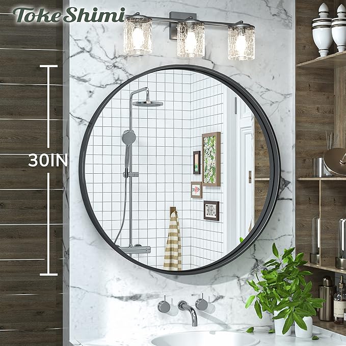 TokeShimi Black Round Mirror 30 Inch Black Circle Wall Mirror Non-Rusting Aluminum Alloy Brushed Matte Metal Frame Round Bathroom Mirror for Modern Minimalist Home Decor