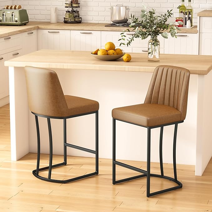 Counter Height Bar Stools Set of 2, Upholstered Leather Barrel Barstools with Back and Metal Legs for Kitchen Island, 27.4" Seat Height, Fabric in Faux Leather, Rustic Brown