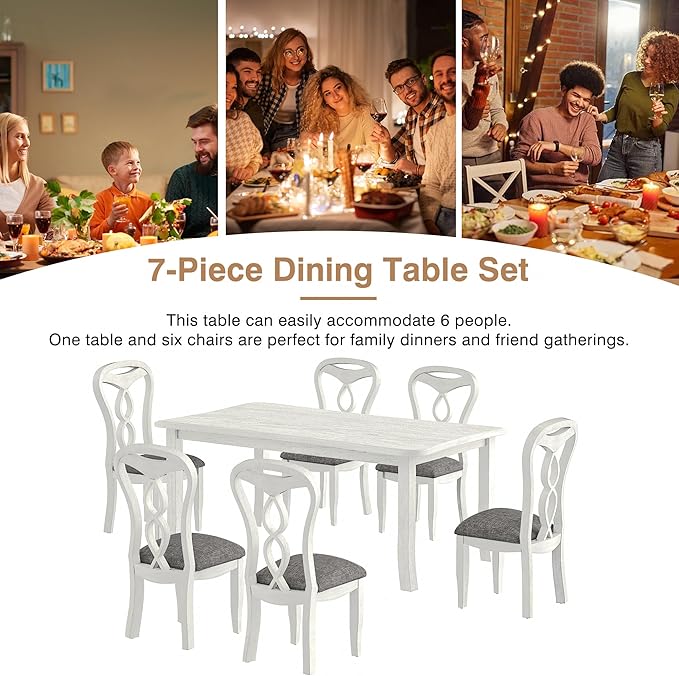 7-Piece Solid Wood Dining Table Set with 6 Upholstered Chairs - Easy Assembly Modern Design for Kitchen & Small Spaces, Durable Wooden Table and Chairs for Dining Room, Kitchen, Light Grey