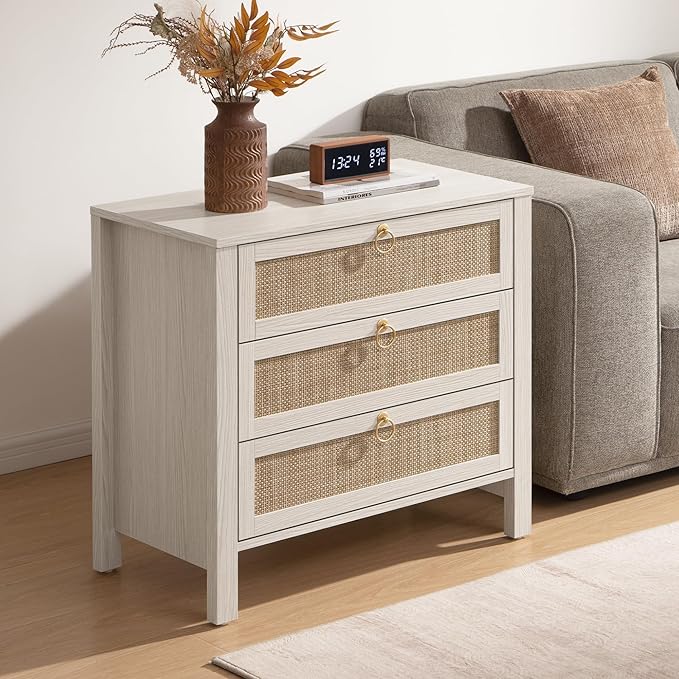 SICOTAS White Night Stand with Drawers - Large Rattan Bedside Table with Golden Handle, 3 Drawers Nightstand Tall End Table Side Table Boho Nightstand for Bedroom