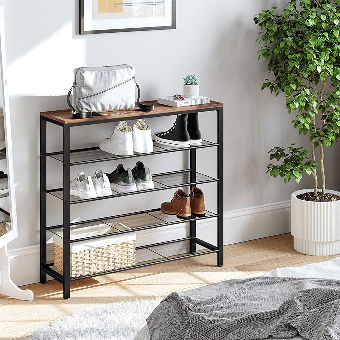 VASAGLE INDESTIC Shoe Rack, Shoe Organizer for Closet with 4 Mesh Shelves and Large Top for Bags, Entryway Hallway Shoe Shelf, Steel Frame, Industrial, Hazelnut Brown and Black ULBS015B03