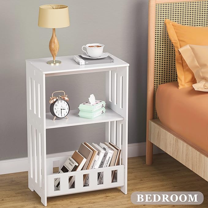 3 Tier Side Table Night Stand, Narrow End Table with Display Shelf, Small Bookcase Bookshelf, Simple Bedside Table Storage Rack for Bedroom, Living Room, Office, Bathroom, White