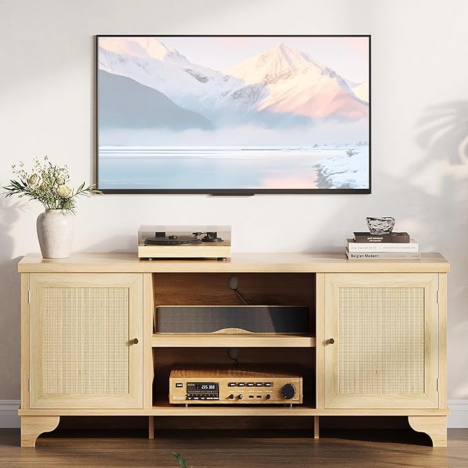 GarveeHome Rattan TV Stand for Living Room, Boho Entertainment Center for 55, 65, 70 Inch TV, Wooden Console Cabinet with Storage and Shelf, Natural Oak