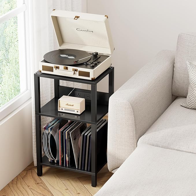 TUTOTAK Record Player Stand with Storage Up to 100 Albums，Record Storage Table,3 Tier End Table with Charging Station,Side Table for Living Room, Bedroom, Black TB01BK076