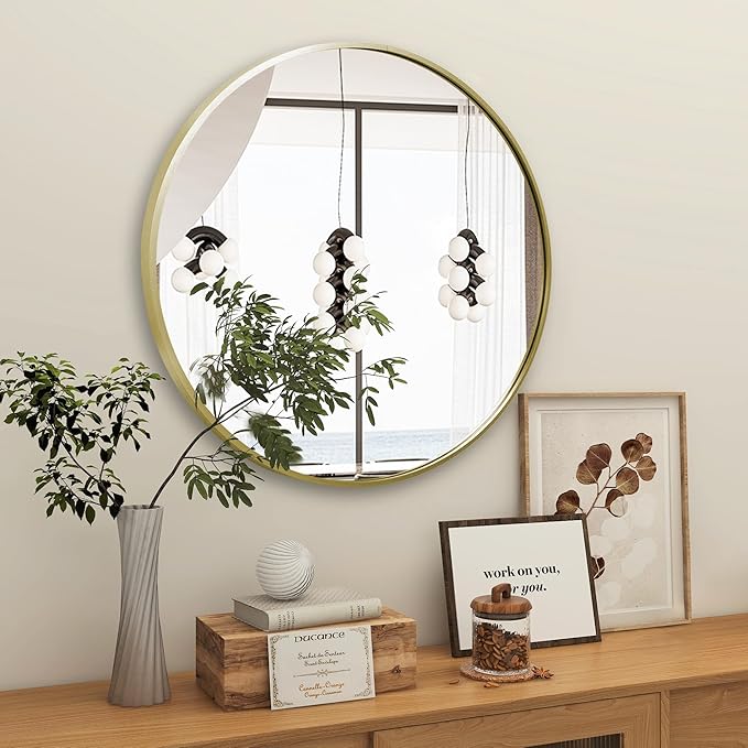 Gold Round Mirror 30 inch, Matte Gold Bathroom Mirror for Vanity, Brushed Metal Framed Circular Wall Mirror for Living Room, Hallway, Entryway