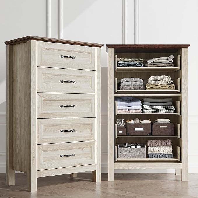 LINSY HOME Tall Dresser for Bedroom with 5 Drawers, 45" Tall Dressers & Chests of Drawers, Modern Farmhouse Large Vertical Dresser with Wood Legs for Bedroom, Closet, Living Room, Hallway, Beige
