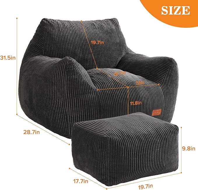 Big Bean Bag Chair for Adults & Kids, Ultra Soft Living Room Bean Bag with Armrests & Ottoman, Stuffed BeanBag Floor Sofa for Napping, Gaming, Lounging, Dark Gray