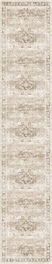 Non Slip Hallway Runner Rug - 2 x 10 Runner Rug, Washable & Waterproof Kitchen Floor Mat - Extra Long Neutral Farmhouse Boho Design Décor (2x10 Beige/Latte)