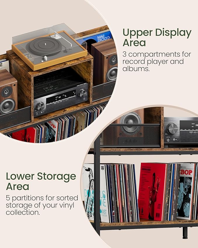 Large Record Player Table, Holds up to 400 Albums, Medieval Rustic Vinyl Record Player Display Stand, Removable Dividers, for CD and Audio Equipment Storage, Rustic Brown TCW77BF