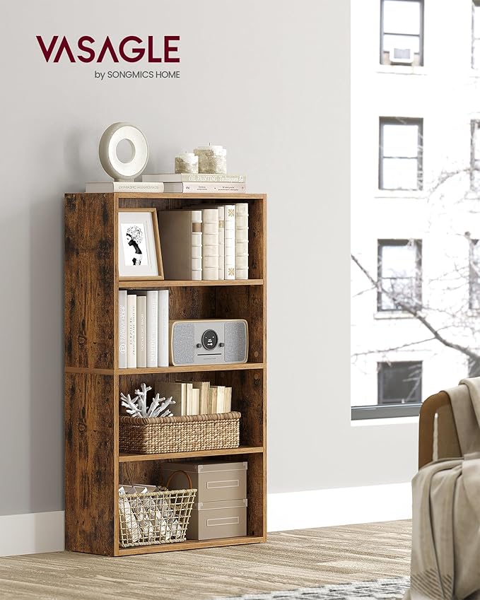 VASAGLE CUSTOS Collection - Bookshelf, 4-Tier Bookcase, Book Shelf, Open Storage Shelf, 9.4 x 23.6 x 42.4 Inches, for Living Room, Home Office, Dinning Room, Rustic Brown ULBC164X01