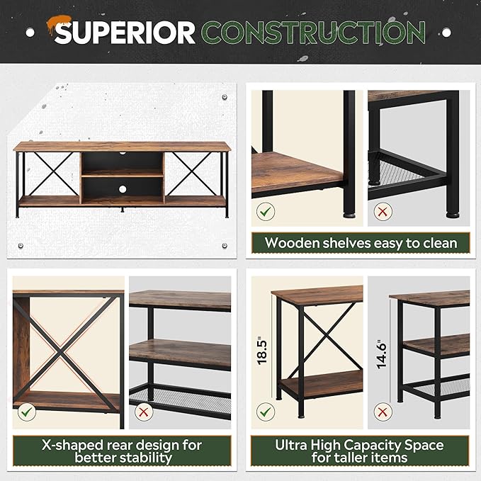 WLIVE TV Stand for 70 Inch TV, Entertainment Center with Storage, Industrial TV Console for Living Room and Bedroom, Rustic Brown