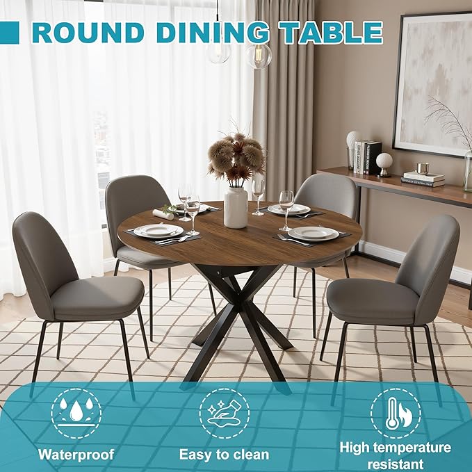 43"- 59" Extendable Dining Table for 4-6, Retractable Round Dinner Table Wood Oval Kitchen Tables Farmhouse Steel Base Dining Room Tables for Small Space, Kitchen, Living Room, Walnut