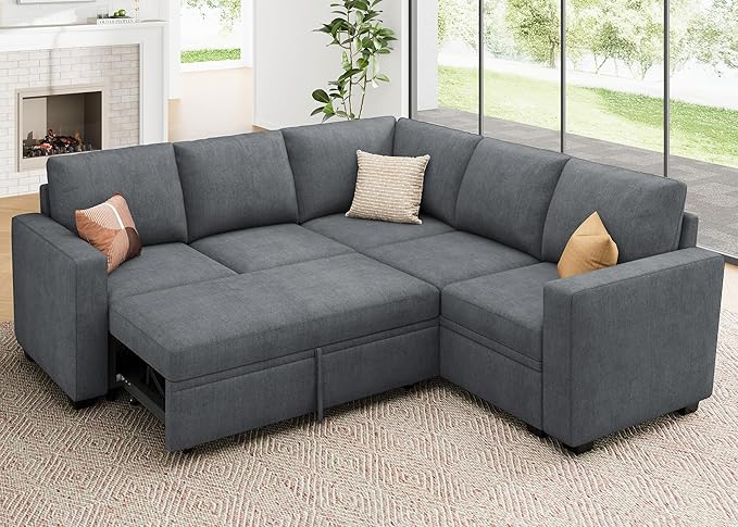 HONBAY Modular Sectional Sleeper Sofa with Pull Out Bed, Chenille L Shaped Couch with Storage Seats, Convertible Sectional Couches for Living Room, Bluish Grey