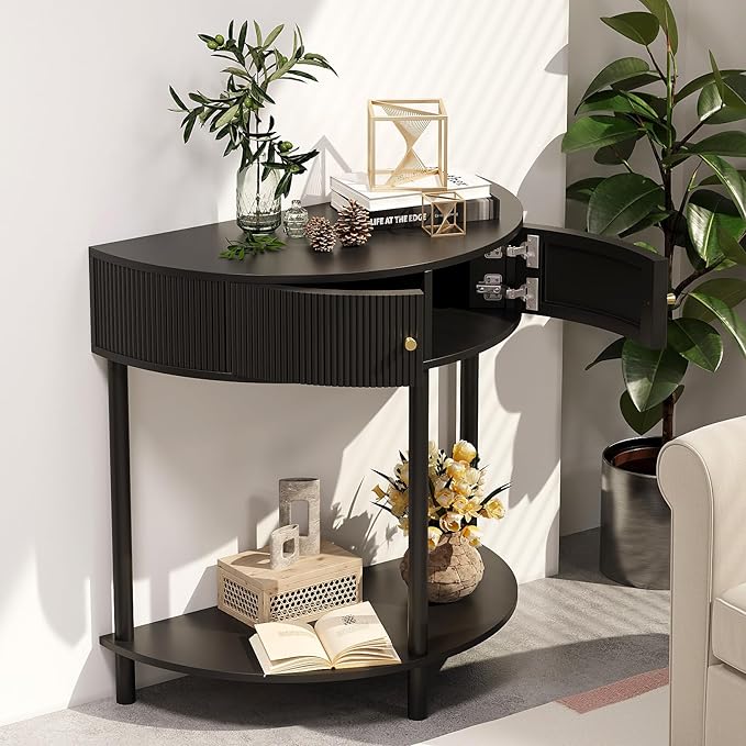 Fluted Half Moon Console Table 2 Tier Narrow Entryway Table with Storage for Small Space Modern Wood Sofa Table with Doors and Gold Knobs Boho Home Decor