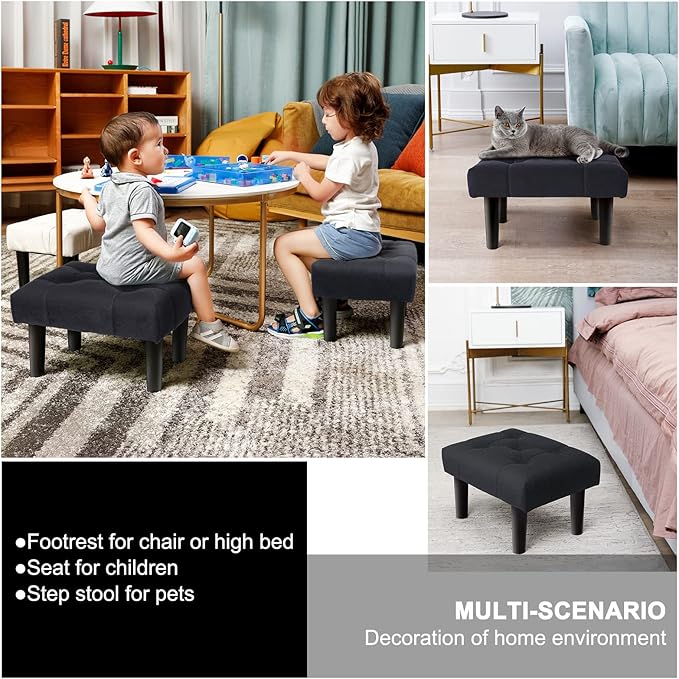HOUCHICS Small Footstool Ottoman,Velvet Soft Footrest Ottoman with Wood Legs,Sofa Footrest Extra Seating for Living Room Entryway Office(Black 2PACK)