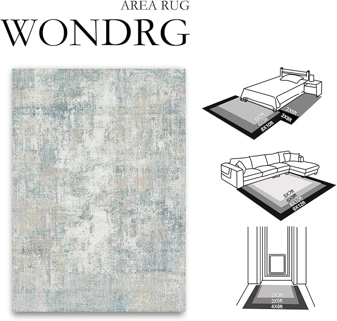 8x10 Washable Area Rug Blue Cream Modern Neutral Abstract Living Room Bedroom Indoor Floor Carpet Low Pile Soft Non-Slip Lightweight Vacuumable Large Throw Rug for Nursery Dining Room
