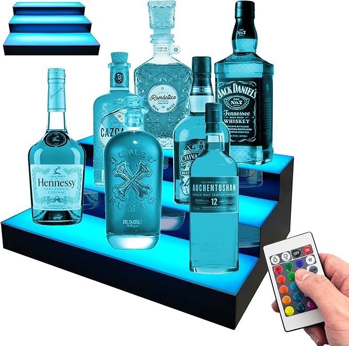 Royxen LED Lighted Liquor Bottle Shelf 3 Tier, 16 Inch Bar Shelf with Remote, Bottle Stand Multi-Color Lighting Modes for Bars