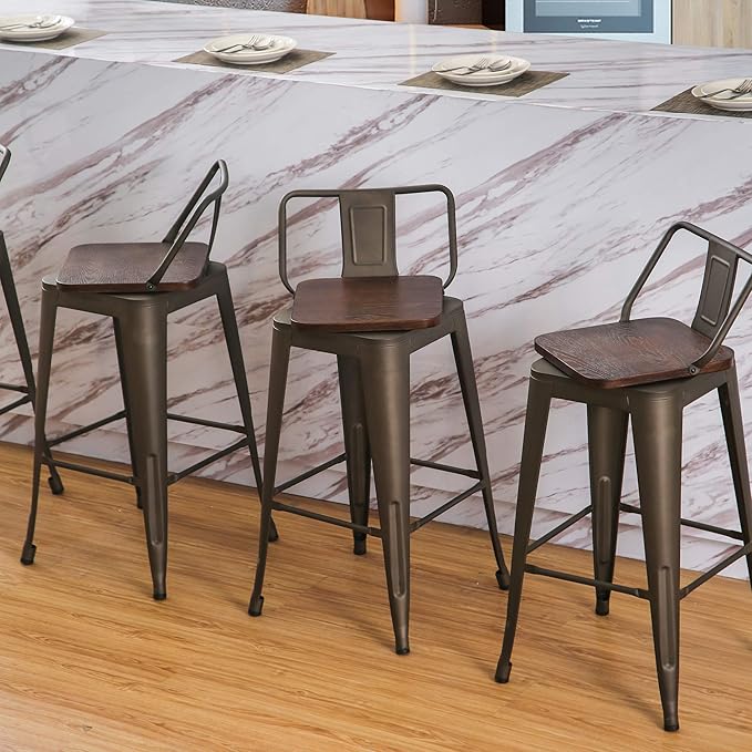 24 Inch Swivel Bar Stools Set of 4 with Backs Counter Height Industrial Metal Barstools Island Bar Chairs for Home Kitchen Dining Room (Swivel 24 inch,Rusty Wooden)