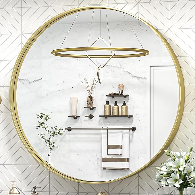 TokeShimi 40 Inch Round Gold Bathroom Mirror for Wall with Non-Rusting Aluminum Alloy Brushed Matte Metal Frame for Modern Minimalist Farmhouse Home Decor