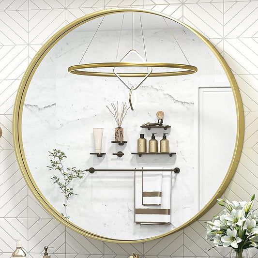 TokeShimi 40 Inch Round Gold Bathroom Mirror for Wall with Non-Rusting Aluminum Alloy Brushed Matte Metal Frame for Modern Minimalist Farmhouse Home Decor