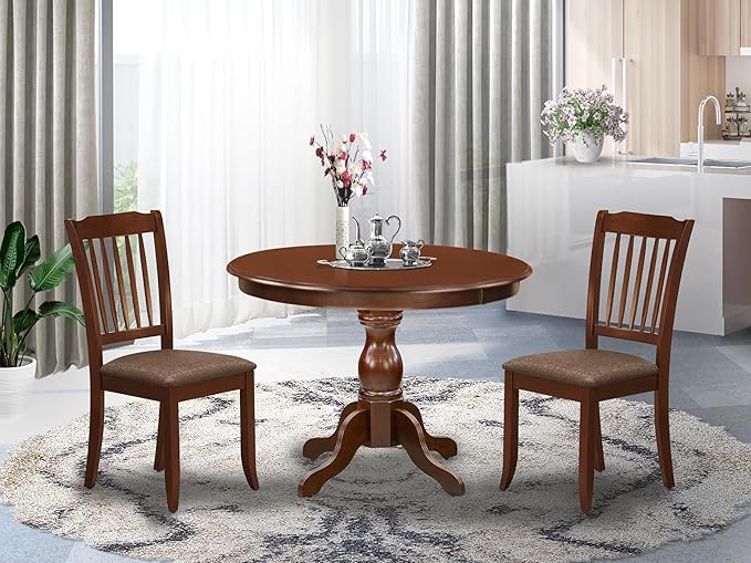 East West Furniture HBDA3-MAH-C 3 Piece Dining Set Contains a Round Dining Room Table with Pedestal and 2 Linen Fabric Upholstered Chairs, 42x42 Inch, Mahogany