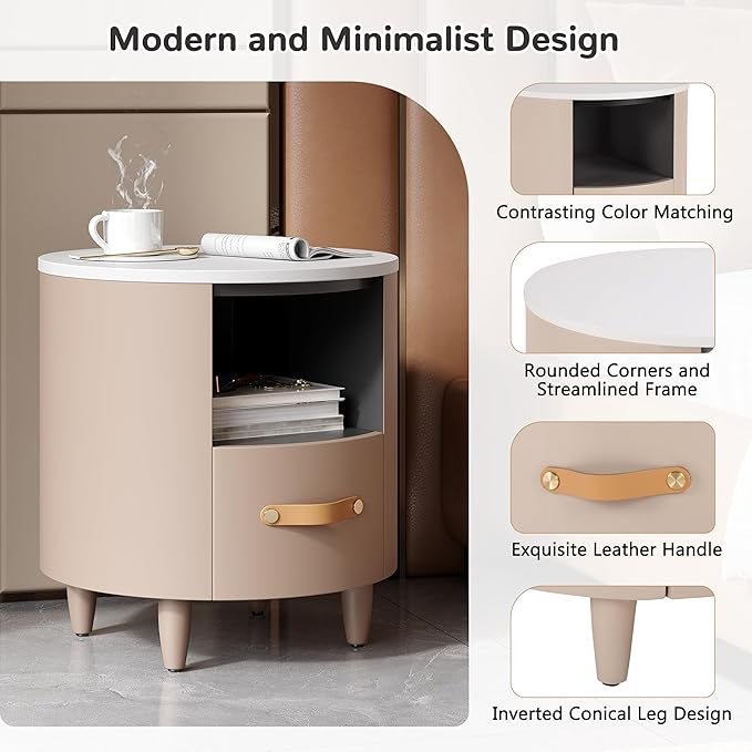 Merax Round Nightstand with Storage Drawer, MDF Contemporary Modern Bedside Table with Open Storage Shelf, Curved Design Sofa End Table for Bedroom & Living Room, Easy Assembly, Khaki