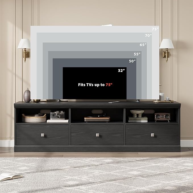 GarveeHome TV Stand for 65/70/75 Inch TV, Entertainment Center with Storage Drawer, Mid-Century Modern TV Console with Open Shelves, 70in Media TV Cabinet for Living Room, Bedroom (Black)
