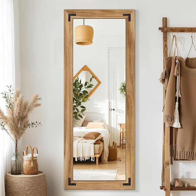 Full Length Mirror with Wooden Frame, 56"X22" Solid Wood Standing Floor Mirror for Farmhouse, Bathroom, Bedroom Decor, Hanging or Leaning Wall-Mounted