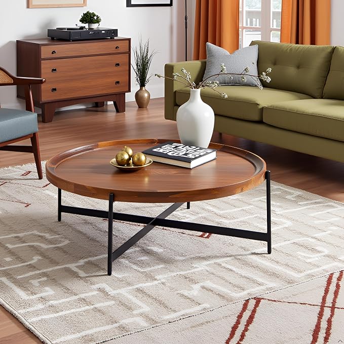 Brookline Solid Acacia Wood 42-Inch Round Coffee Table with Black Powder-Coated Metal Legs – Rustic Industrial Modern Farmhouse Living Room Furniture by Alaterre