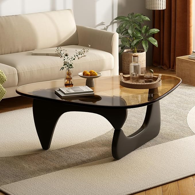 Glass Coffee Table for Living Room Mid Century Modern Triangle Center Table with Wooden Base, Brown/Black