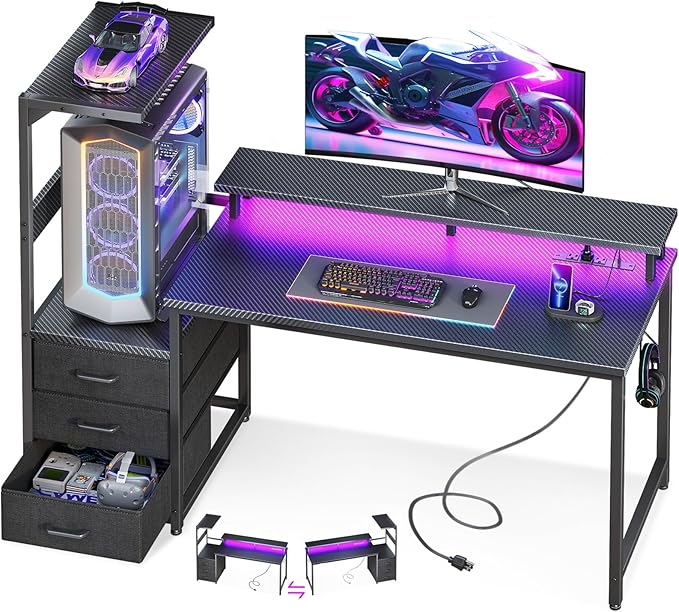 AODK 52 Inch Gaming Desk with USB Charging Ports & LED Light- Reversible Computer Desk with Storage Shelves & Monitor Stand, Modern Gamer Desk Table with Fabric Drawers & Side Hook, Carbon Fiber Black