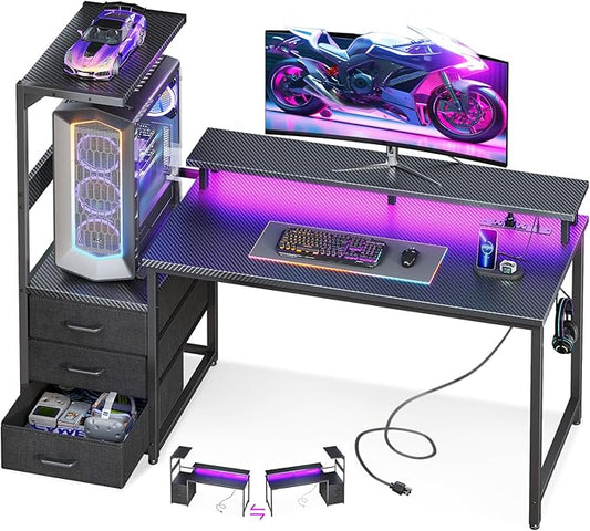 AODK 52 Inch Gaming Desk with USB Charging Ports & LED Light- Reversible Computer Desk with Storage Shelves & Monitor Stand, Modern Gamer Desk Table with Fabric Drawers & Side Hook, Carbon Fiber Black
