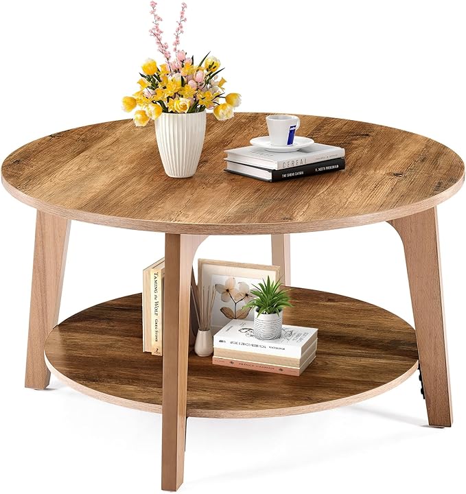 Sweetcrispy Round Coffee Table, 32'' Wood Coffee Tables for Living Room with Storage, 2-Tier Center Circle Counter with Wooded Desktop, 50 lbs Capacity, Anti-Slip Feet, Modern Farmhouse Design, Brown