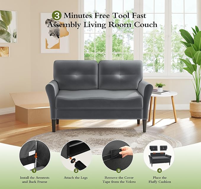 Small Sofa Couch, 48" Loveseat Sofa, Soft Velvet Love Seat Couches, Small Couch for Bedroom with 21" Deep Seat, Comfy Couches for Living Room, Tool-Free Setup Sofas for Living Room, Grey