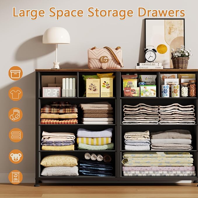 Furnulem Bedroom Dresser for 55”Long TV Stand,10 Storage Organizer Dressers & Chests of Drawers, Sturdy Metal Frame & Wood Top Tall Storage Cabinet for Bedroom Closet Living Room Entryway Rustic Brown