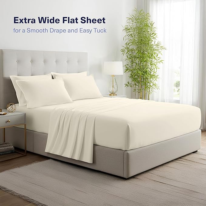 Kickoff Viscose Bamboo Sheets Queen Size 4-pc 100% Organic Bamboo Viscose Bed Cooling Sheets Queen Size Set Cool Bedding for hot Sleepers Sheet, Flat, Fitted, Pillowcases (Buttercream, Q)