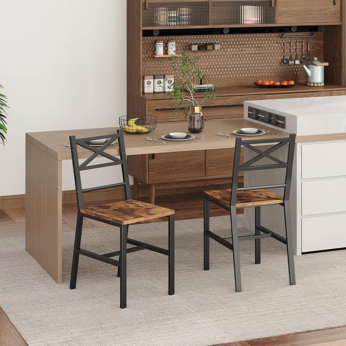 Dining Chair Set of 2, Rustic Wooden Kitchen Chairs with Backrest, Farmhouse Dining Chairs for Kitchen, Industrial Style Chair with Metal Frame, Easy Assembly, Rustic Brown TBHR1001