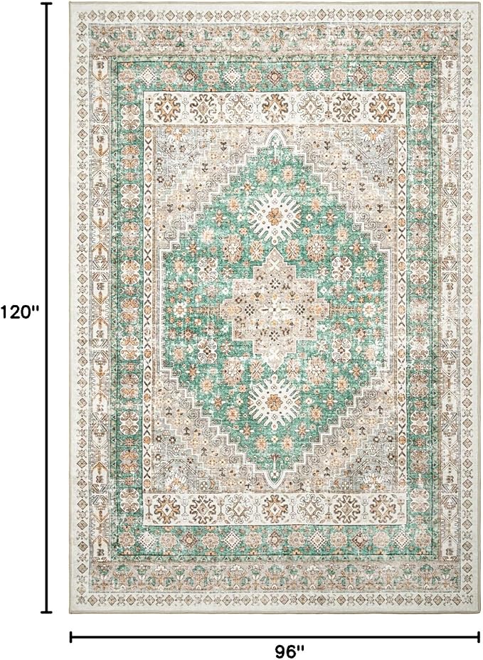 zesthome 8x10 Area Rugs for Living Room,Non-Slip Backing Washable Rugs,Vintage Large Area Rug，Stain Resistant Home Decor Rug (Green/Brown,8'x10')