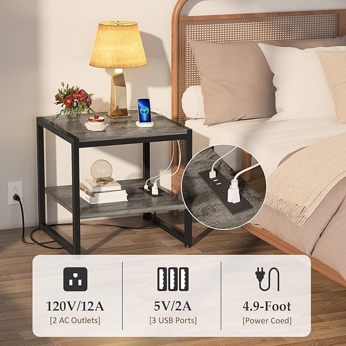 Homieasy End Table with Charging Station, 20 Inch Mini Fridge Stand with 2-Tier Open Shelf, Square Bedside Nightstand & Sofa Side Table for Small Spaces, Grey - 2 Pack