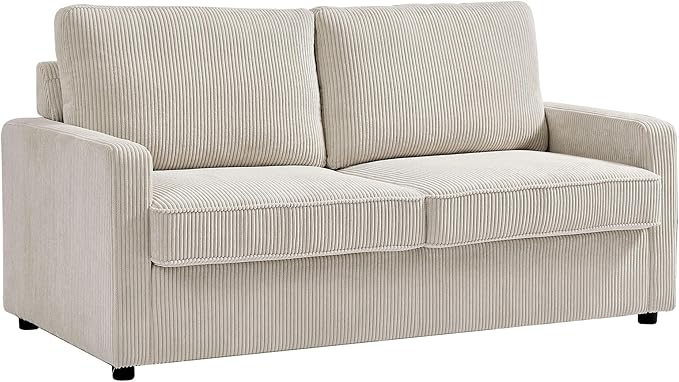 Reversible Sleeper Sofa Bed with Comfortable Memory Foam Mattress, Convertible Corduroy Full Size Pull Out Couch for Living Room, Space Saving Furniture, 70" Wide, Rectangular Arms, Ivory